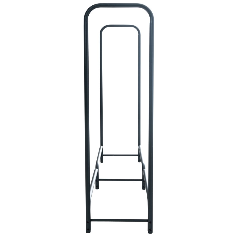 Tyylikäs musta kaareva takkapuuteline sisustukseen ja säilytykseen