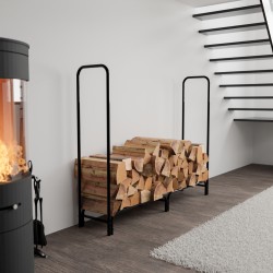 Tyylikäs musta kaareva takkapuuteline sisustukseen ja säilytykseen