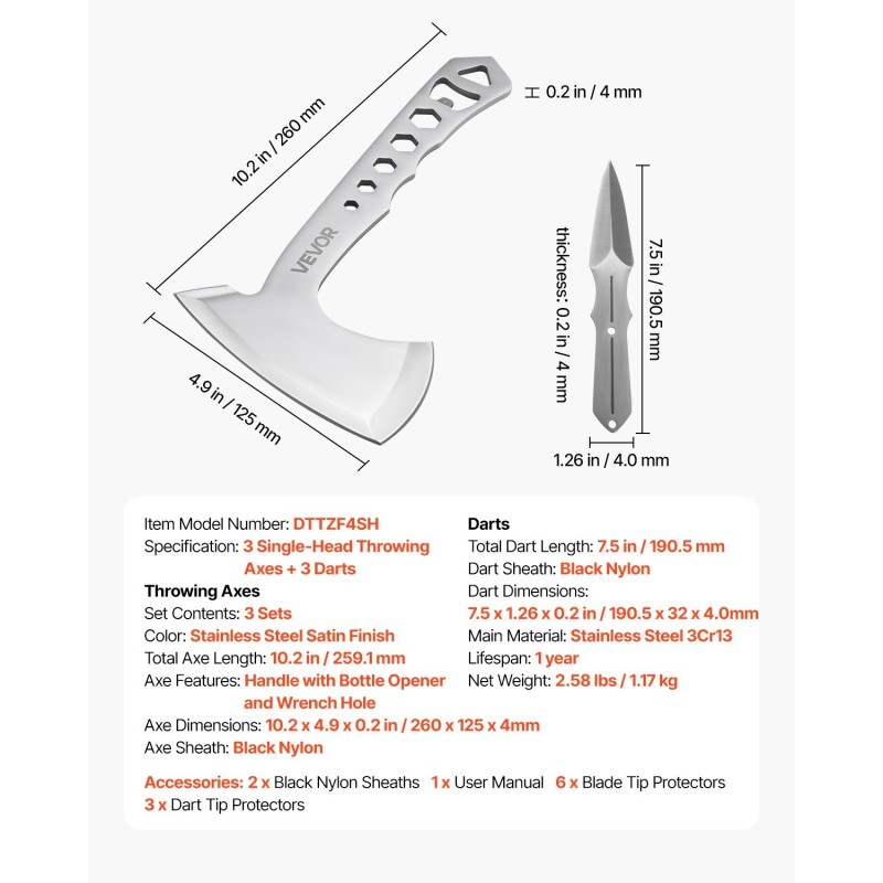 Heittokirves ja heittoveitsisetti kolmen setin ruostumatonta terästä 260 ja 190 mm