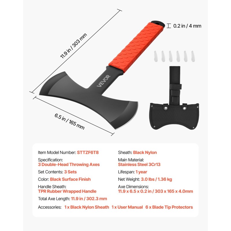 Heittokirvessarja 3 kpl ruostumaton teräs 303 mm kumipinnoitettu kahva musta nailonsuojuksilla