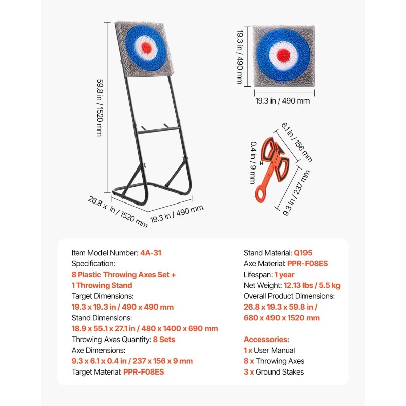 Heittokirvessetti taittuva teräsrunko 8 pehmeää kirvestä 490 x 490 mm maalitaulu ulkokäyttöön