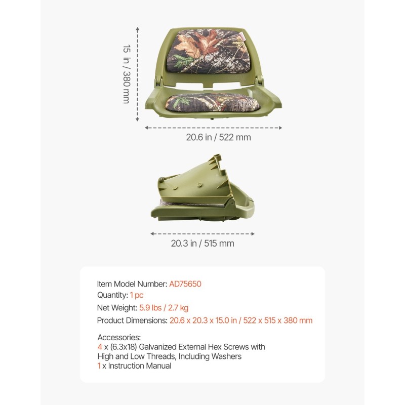 Veneen istuin polyuretaanipäällysteinen polyesterikangas polypropeenirunko maastokuvioitu vesitiivis 1 kpl taitettava selkänoja