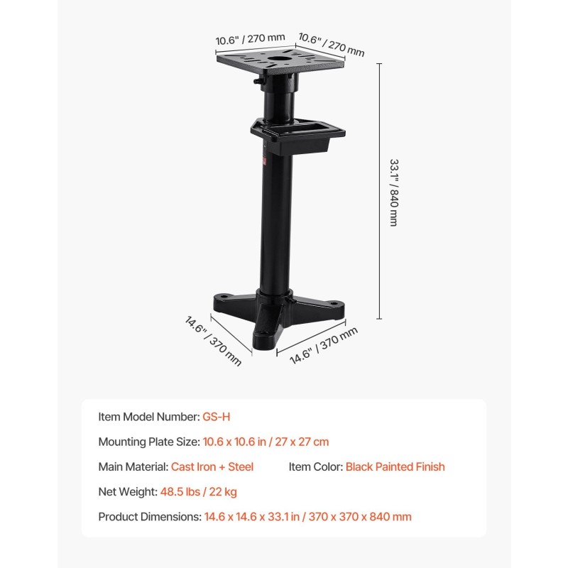 Penkkihiomakoneen jalusta valurauta ja teräs 27 x 27 cm kiinnityslevy 840 mm