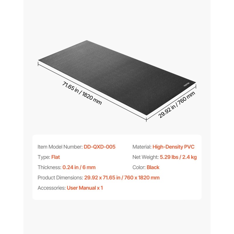 Harjoitusmatto korkeatiheyksinen PVC 6 mm 760 x 1820 mm juoksumatolle ja kuntopyörälle