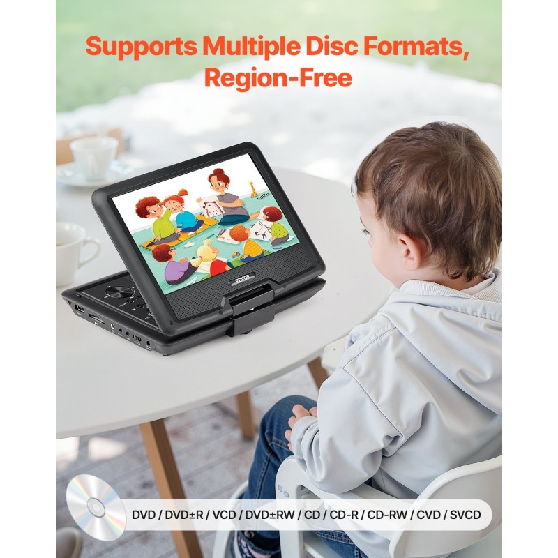 Kannettava DVD-soitin 10,1-tuumainen kääntyvä HD-näyttö 4 tunnin akku musta