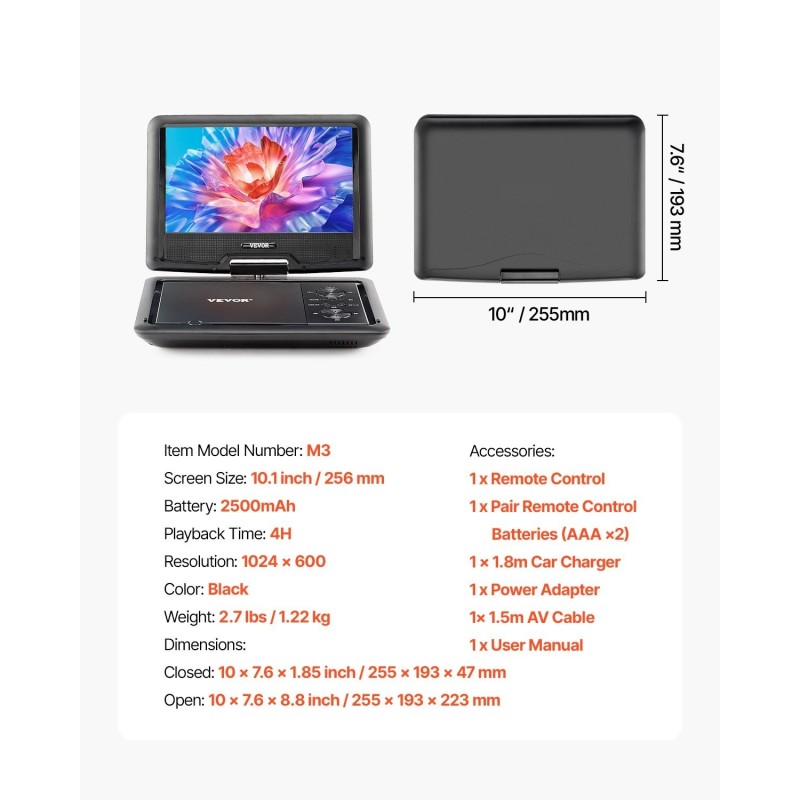 Kannettava DVD-soitin 10,1-tuumainen kääntyvä HD-näyttö 4 tunnin akku musta