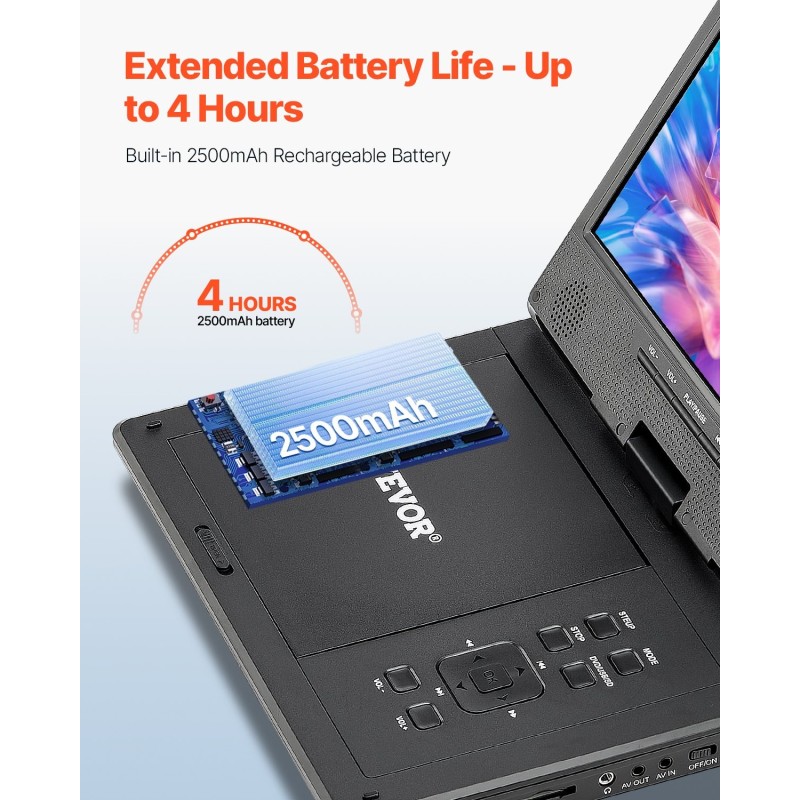 Kannettava DVD-soitin 9 tuuman teräväpiirtinäytöllä 4 tunnin akulla musta