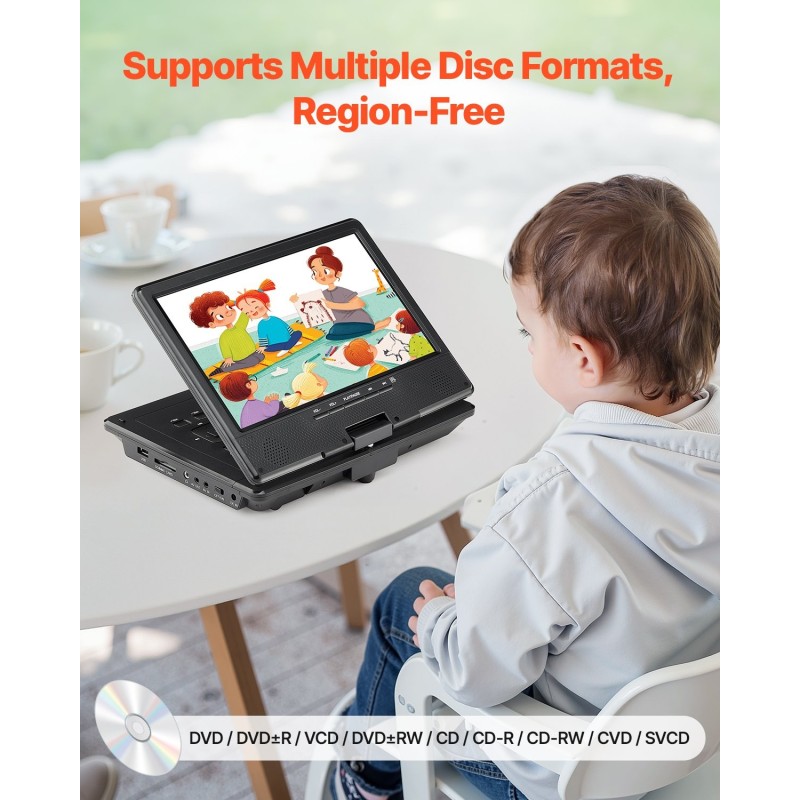Kannettava DVD-soitin 9 tuuman teräväpiirtinäytöllä 4 tunnin akulla musta