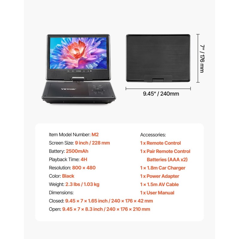 Kannettava DVD-soitin 9 tuuman teräväpiirtinäytöllä 4 tunnin akulla musta
