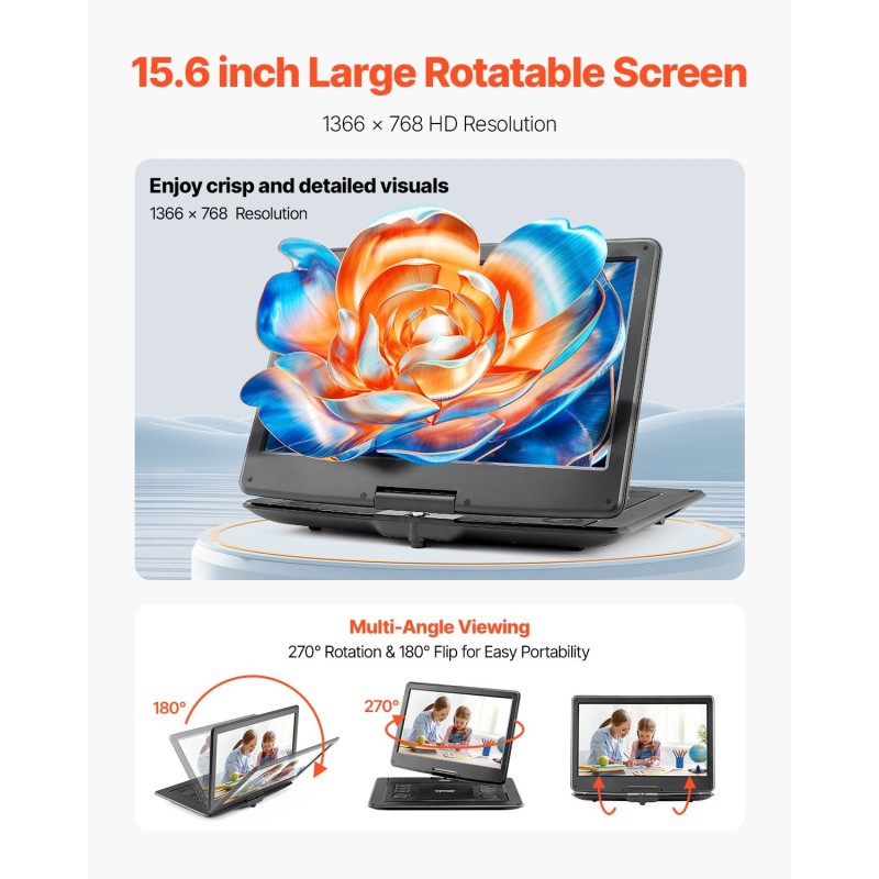 Kannettava DVD-soitin 15,6 tuuman kääntyvä näyttö 1366×768 5000mAh