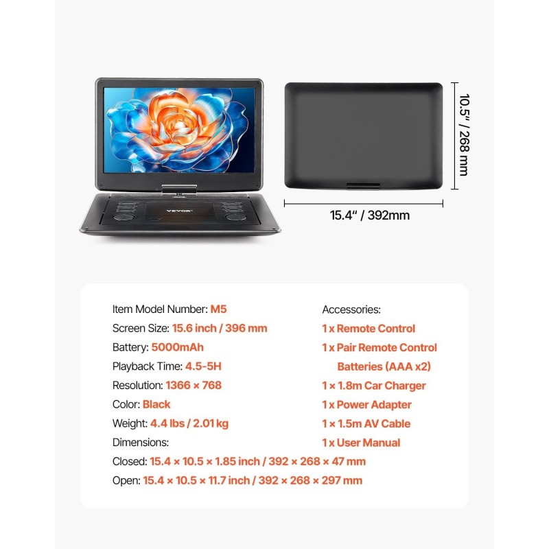 Kannettava DVD-soitin 15,6 tuuman kääntyvä näyttö 1366×768 5000mAh