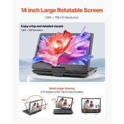 Kannettava DVD-soitin 14-tuumainen kääntyvä HD-näyttö akku 5000 mAh USB ja SD