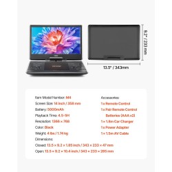 Kannettava DVD-soitin 14-tuumainen kääntyvä HD-näyttö akku 5000 mAh USB ja SD