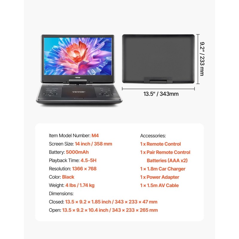 Kannettava DVD-soitin 14-tuumainen kääntyvä HD-näyttö akku 5000 mAh USB ja SD
