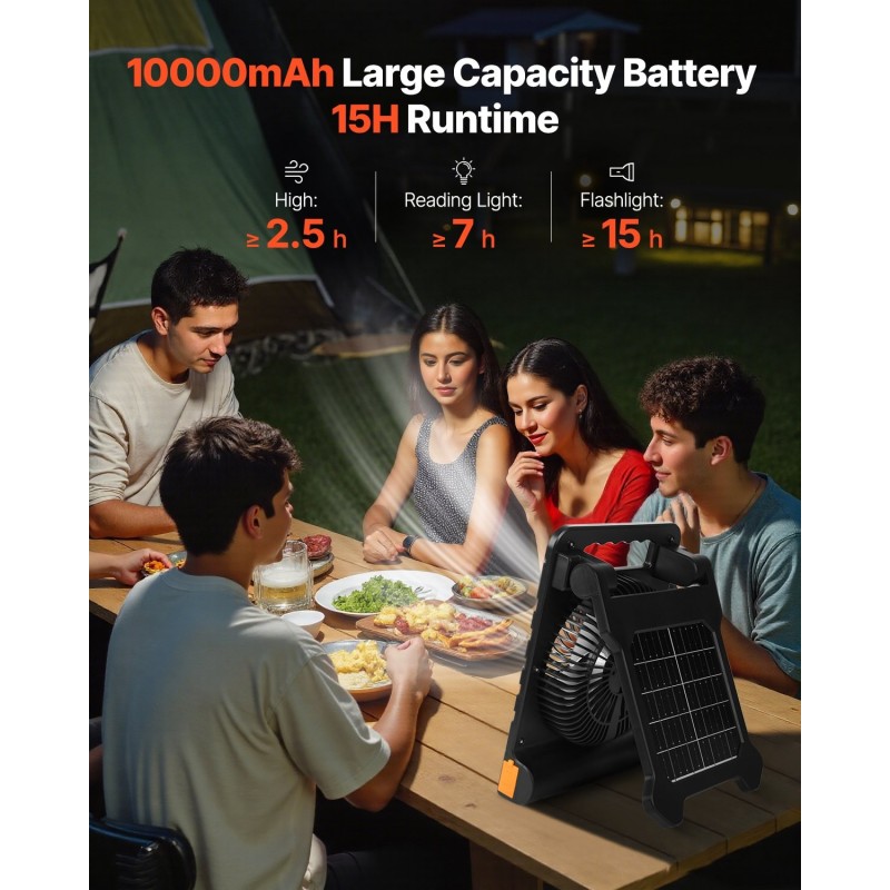 Kannettava aurinkotuuletin ABS-muovia 7-tuumainen 10000 mAh:n akulla 4-nopeuksinen LED-lyhdyllä 4 watin aurinkopaneelilla