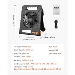 Kannettava aurinkotuuletin ABS-muovia 7-tuumainen 10000 mAh:n akulla 4-nopeuksinen LED-lyhdyllä 4 watin aurinkopaneelilla