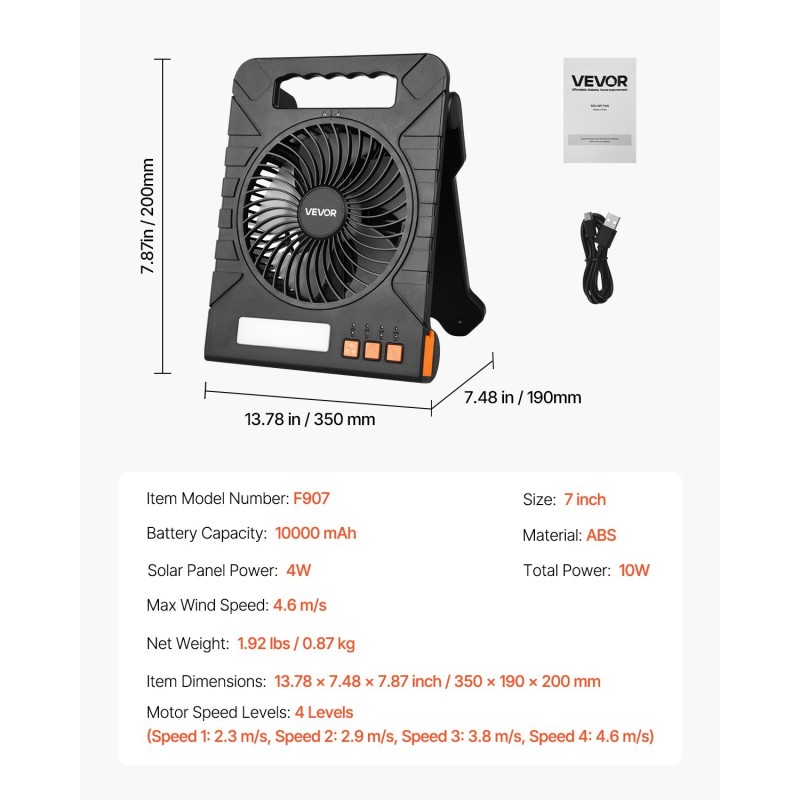 Kannettava aurinkotuuletin ABS-muovia 7-tuumainen 10000 mAh:n akulla 4-nopeuksinen LED-lyhdyllä 4 watin aurinkopaneelilla