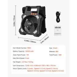 Aurinkokäyttöinen tuuletin ABS 20 cm 20000 mAh akulla taitettavalla 7 watin paneelilla