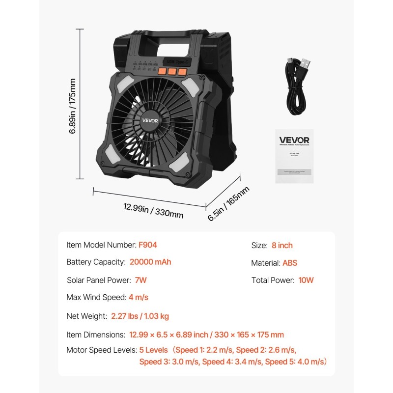 Aurinkokäyttöinen tuuletin ABS 20 cm 20000 mAh akulla taitettavalla 7 watin paneelilla