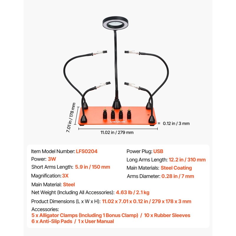 Magneettinen kolvausapuasema kolmekertainen suurennuslasi LED-valaistus neljä taipuisaa vartta teräspohja