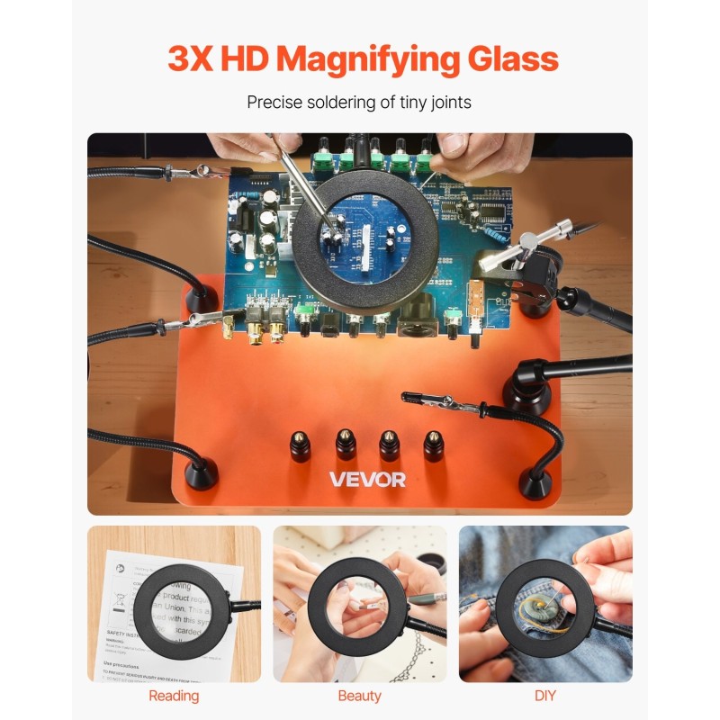 Magneettinen kolvausaseman apukäsi raskas teräspohja teräspinnoite 3X suurennus LED valaistus 4 hanhenkaulavartta