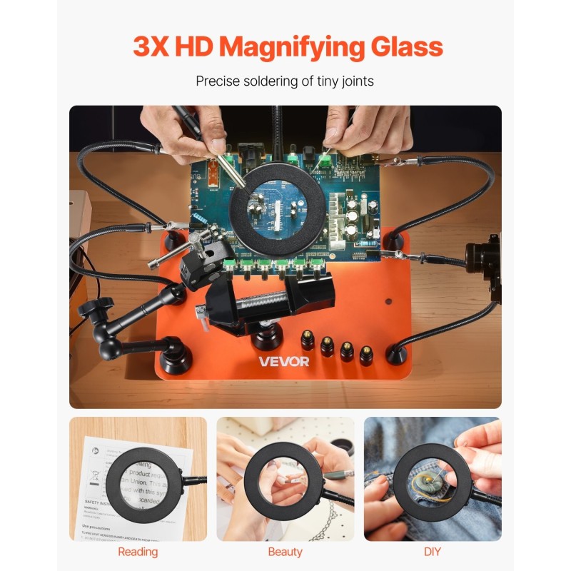 Juotosasema magneettinen kolmannenkäden teräspohjalla 3X suurennuksella LED-valaistuksella 4 taipuisaa vartta