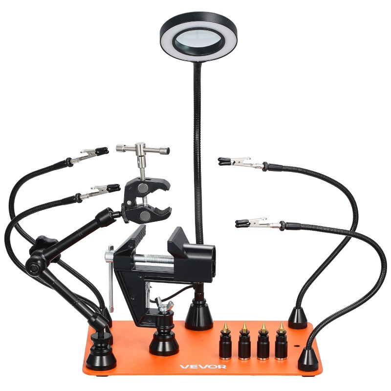 Juotosasema magneettinen kolmannenkäden teräspohjalla 3X suurennuksella LED-valaistuksella 4 taipuisaa vartta