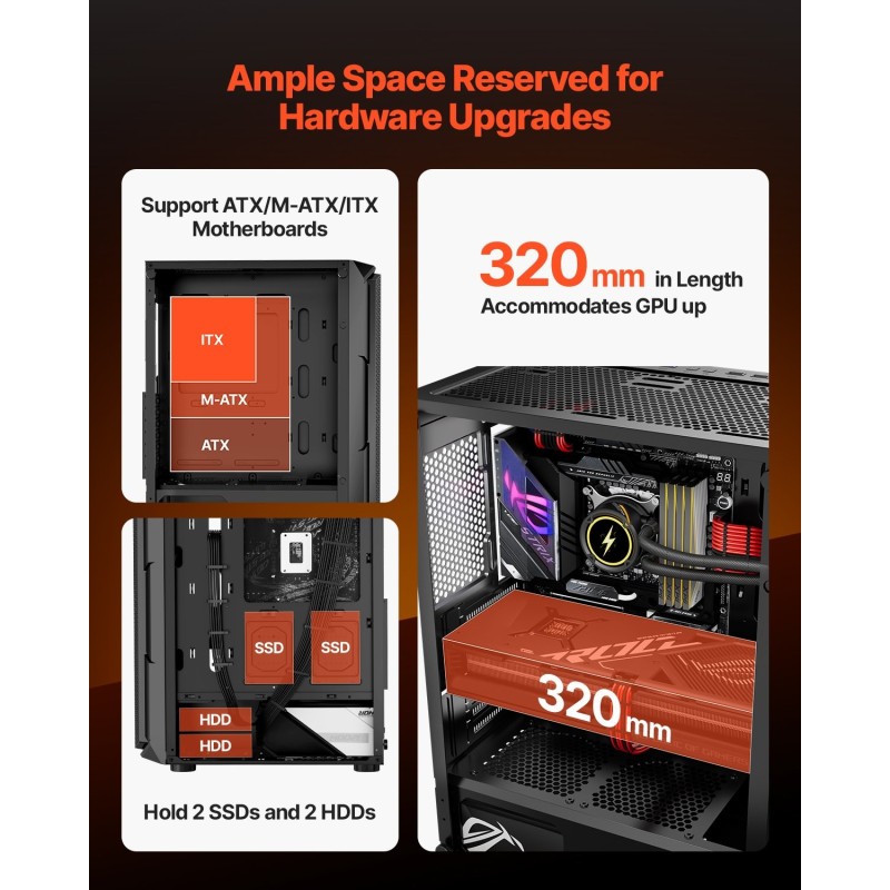 Mid-tower-pelikotelo SPCC-teräs karkaistu lasipaneeli ATX/M-ATX/ITX 4 x 120 mm ARGB-tuulettimet