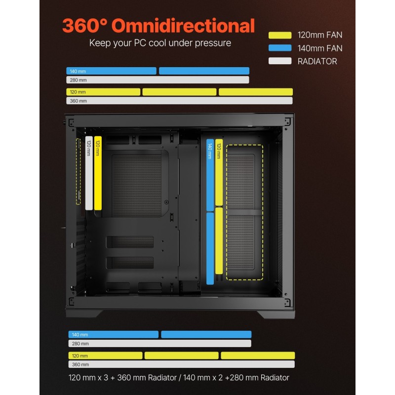 Keskikokoinen tietokonekotelo kaksikammioinen SPCC-teräs karkaistu lasi pelikäyttöön