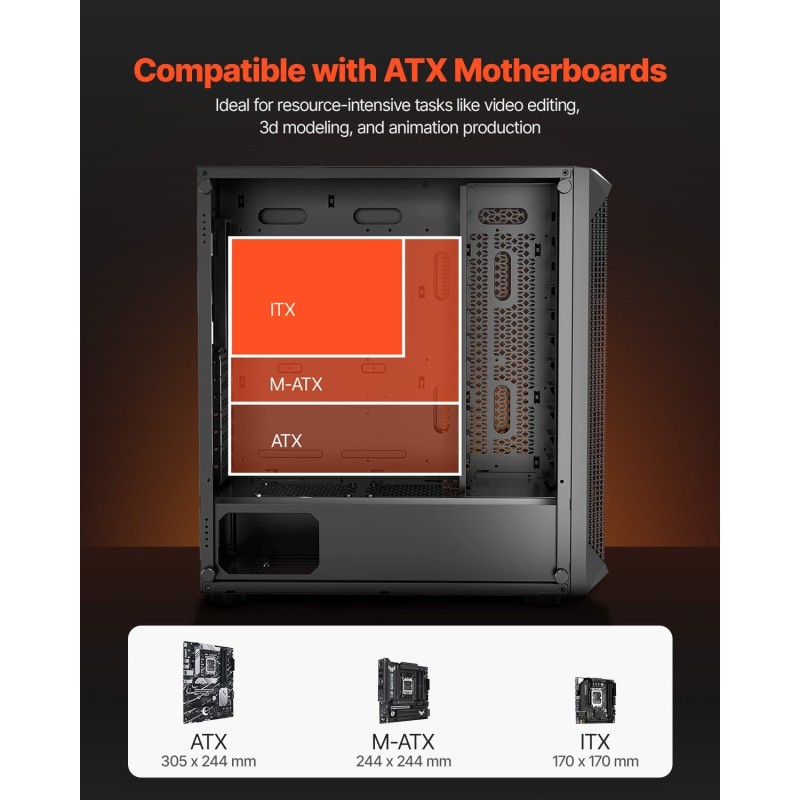 Miditornikotelo SPCC-teräs karkaistu lasipaneeli 4 x 120 mm tuulettimet ATX/M-ATX/ITX-yhteensopiva