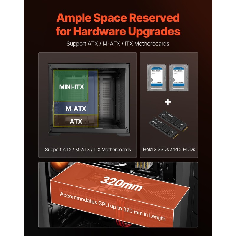 Miditornikotelo karkaistu lasipaneeli SPCC-teräs ATX M-ATX ITX 3 x 120 mm ARGB-tuuletinta