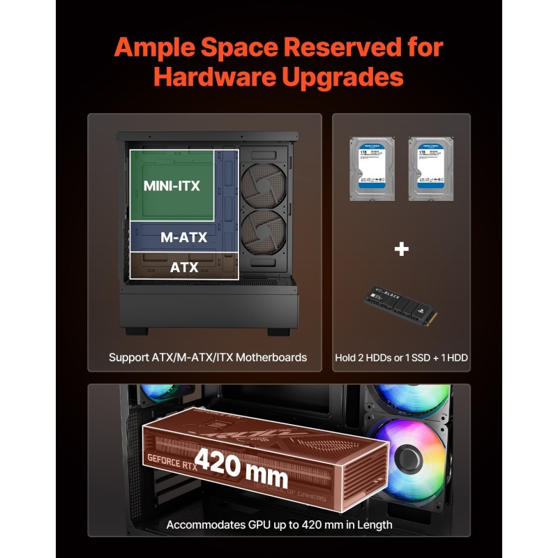 Miditornikotelo karkaistu lasipaneeli teräs kuusi 120 mm ARGB-tuuletinta