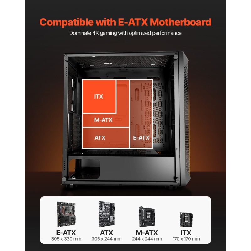Täystornikotelo terästä ja karkaistua lasia E-ATX–ITX-yhteensopiva 410 mm näytönohjaintuki