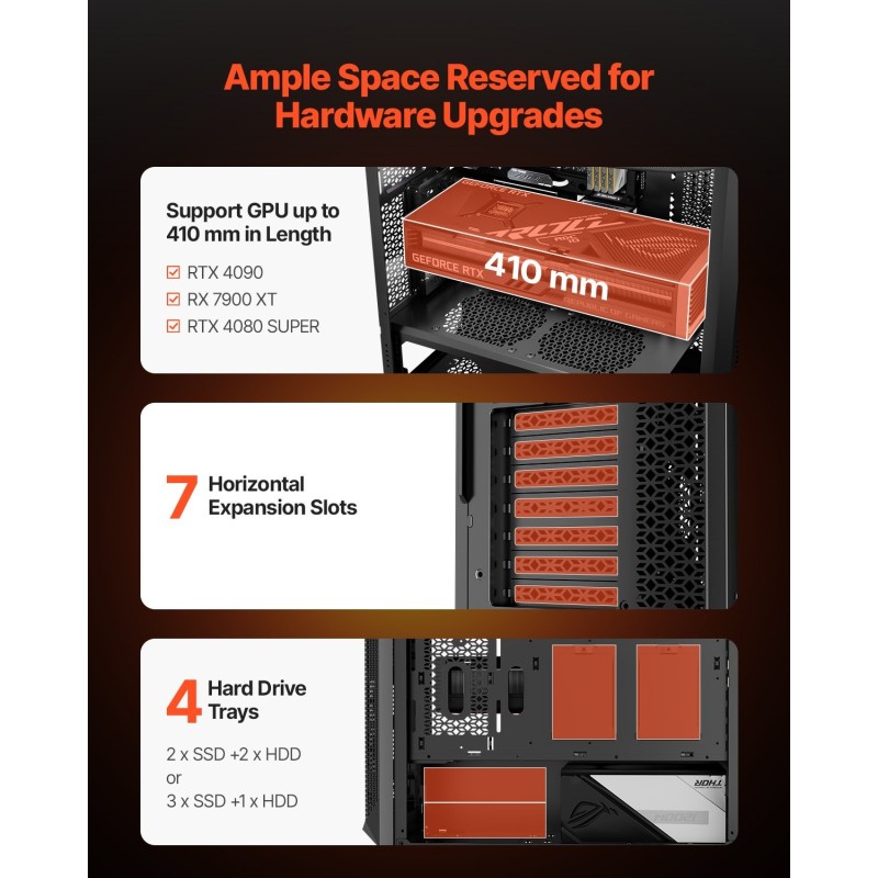 Täystornikotelo terästä ja karkaistua lasia E-ATX–ITX-yhteensopiva 410 mm näytönohjaintuki