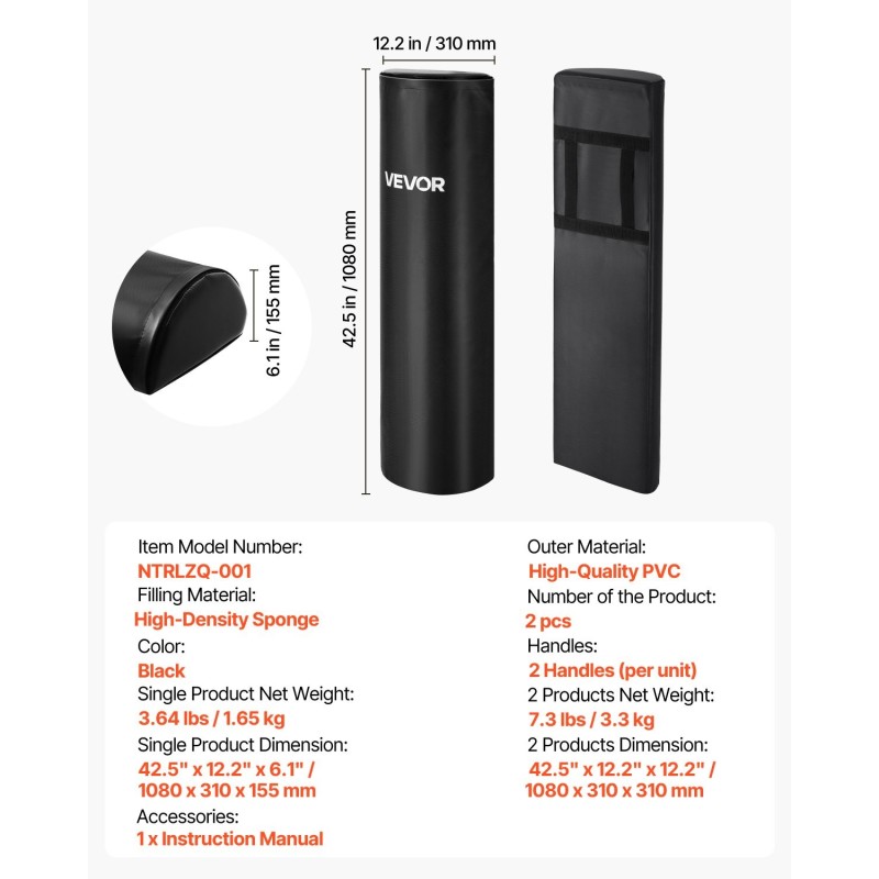 Taklaustyynyt PVC-pintaiset 1080x310x155 mm 2 kpl mustat korkeatiheyksisellä sisuksella harjoituksiin