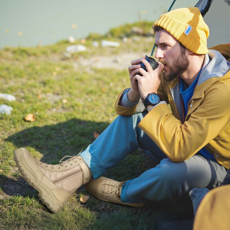 Miesten taktiset varsikengät 8 tuumaa vedenpitävällä kumipohjalla ja sivuvetoketjulla hengittävällä päällisellä