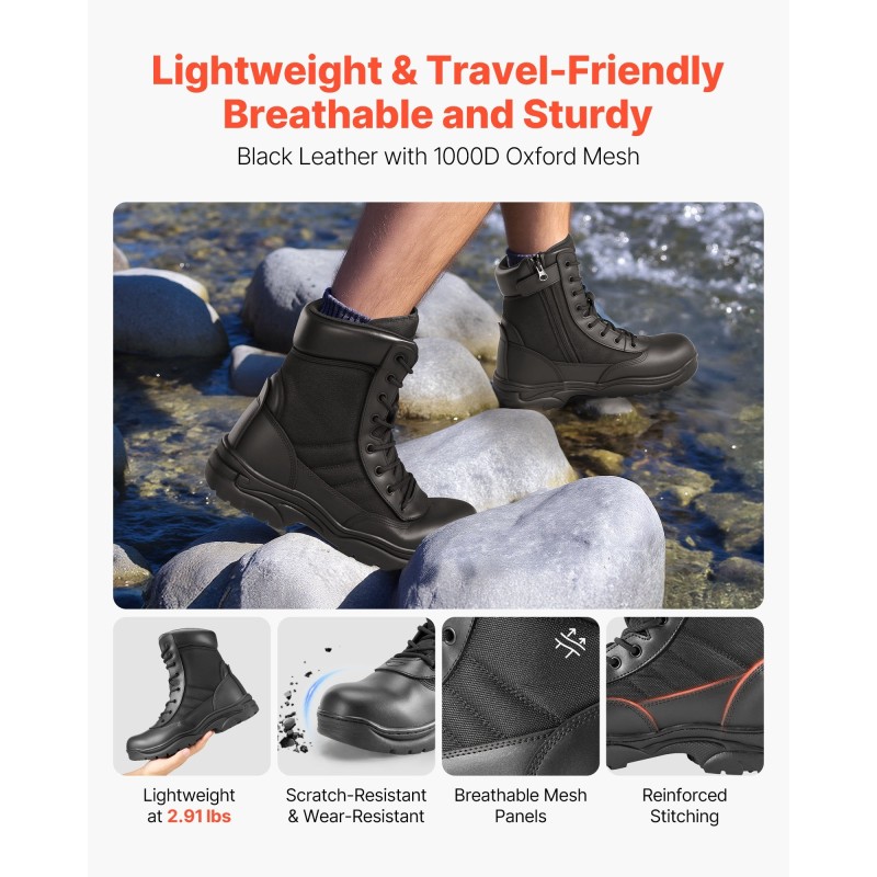 Miesten kevyet taktiset maiharit kahdeksan tuuman varsi musta vesitiivis kumipohja liukuestopohja sivuvetoketjulla