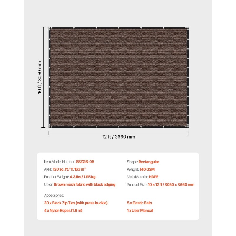 Varjokangas korkeatiheyksinen polyeteenikangas 140 g/m² 90% 3050 x 3660 mm ruskea