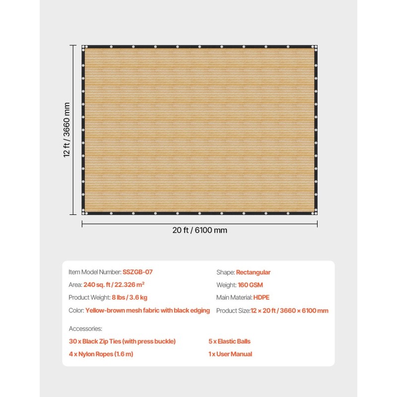 Varjokangas HDPE-kangas 160 g/m² 3,66 x 6,10 m 90% varjostus