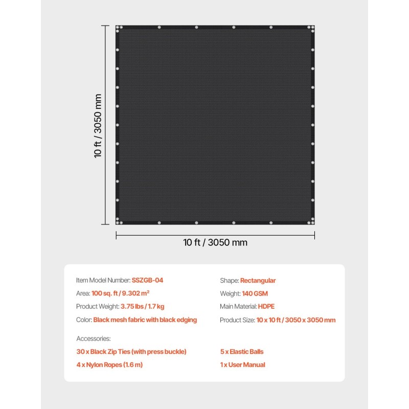 Varjokangas korkeatiheyksinen polyeteeni 140 g/m² 90% varjostus 3050 x 3050 mm musta