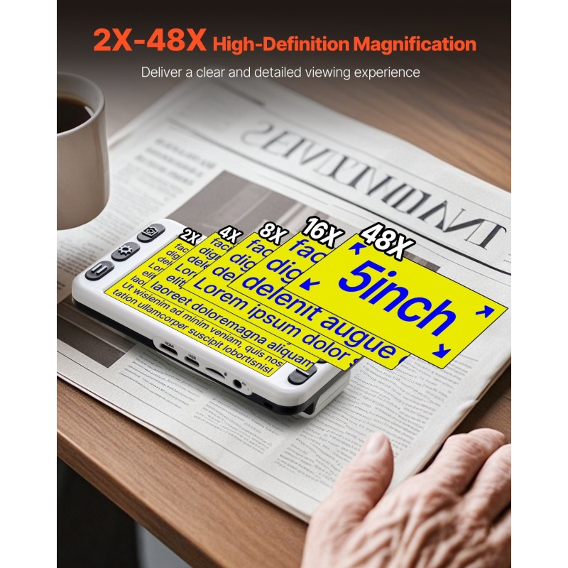 Kannettava digitaalinen suurennuslaite viiden tuuman LCD-näytöllä kolmetoista megapikselin kaksoiskameralla 2–48-kertaisella
