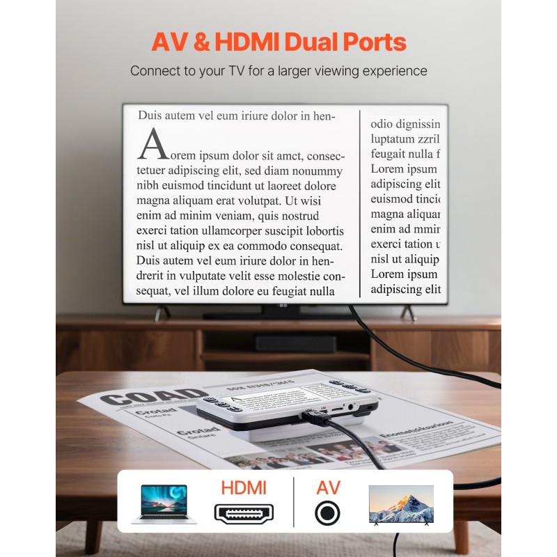 Kannettava digitaalinen suurennuslaite viiden tuuman LCD-näytöllä kolmetoista megapikselin kaksoiskameralla 2–48-kertaisella