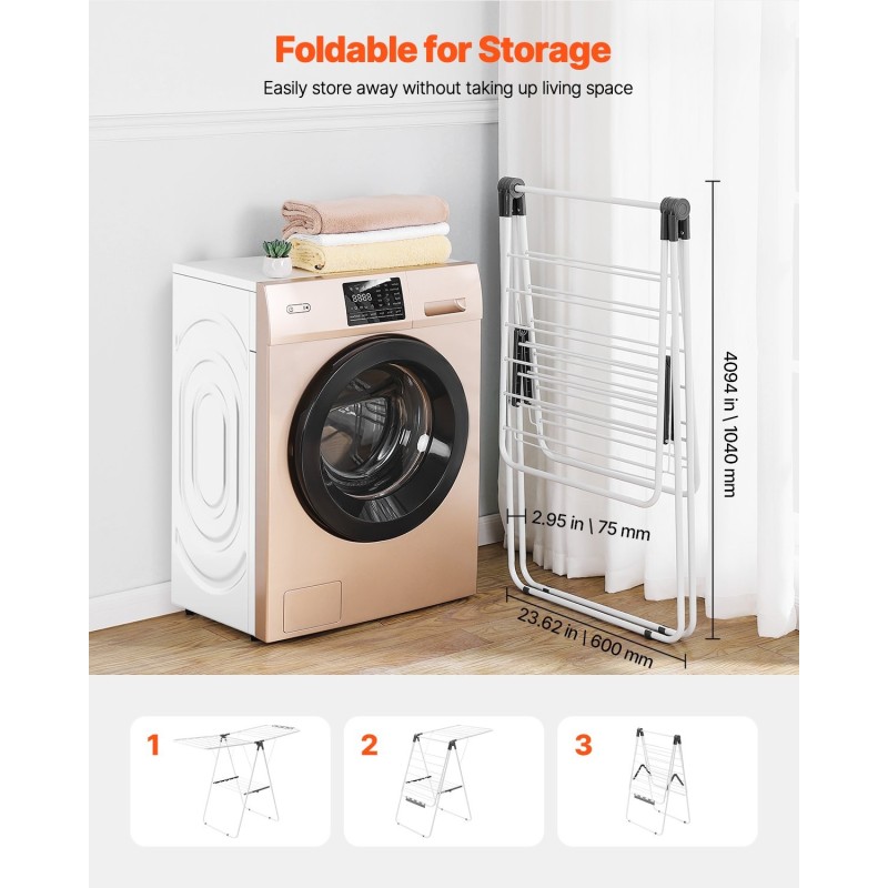 Pyykkiteline kokoontaitettava 2-tasoinen rautaputkista ja PP-muovista 21 tangolla