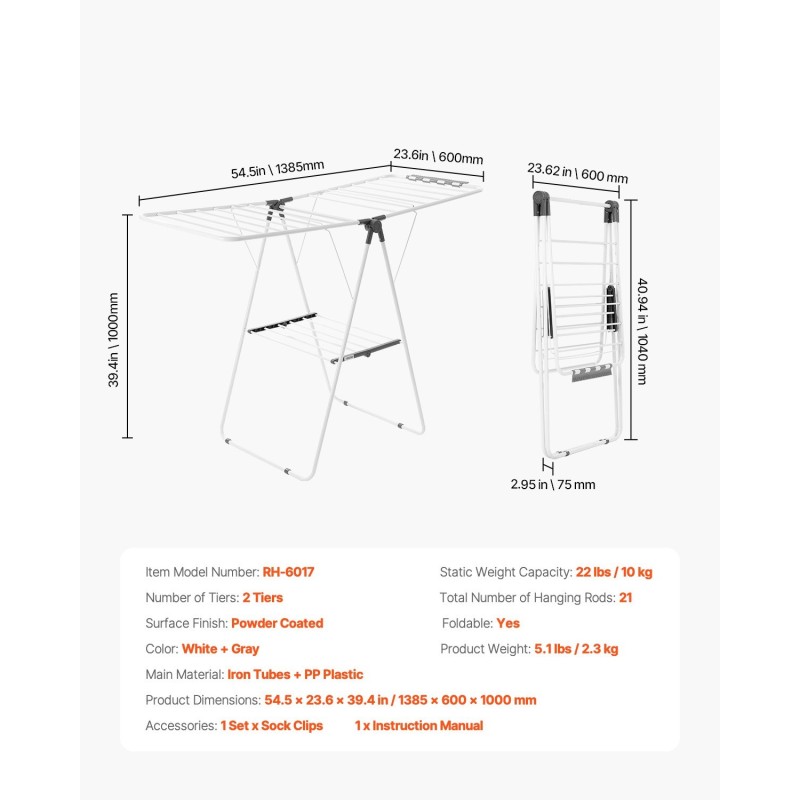 Pyykkiteline kokoontaitettava 2-tasoinen rautaputkista ja PP-muovista 21 tangolla