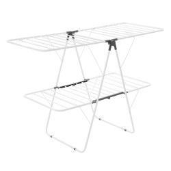 Taitettava 2 tasoinen pyykinkuivausteline rautaputkista ja PP muovista 31 ripustustankoa 14 kg kantavuus