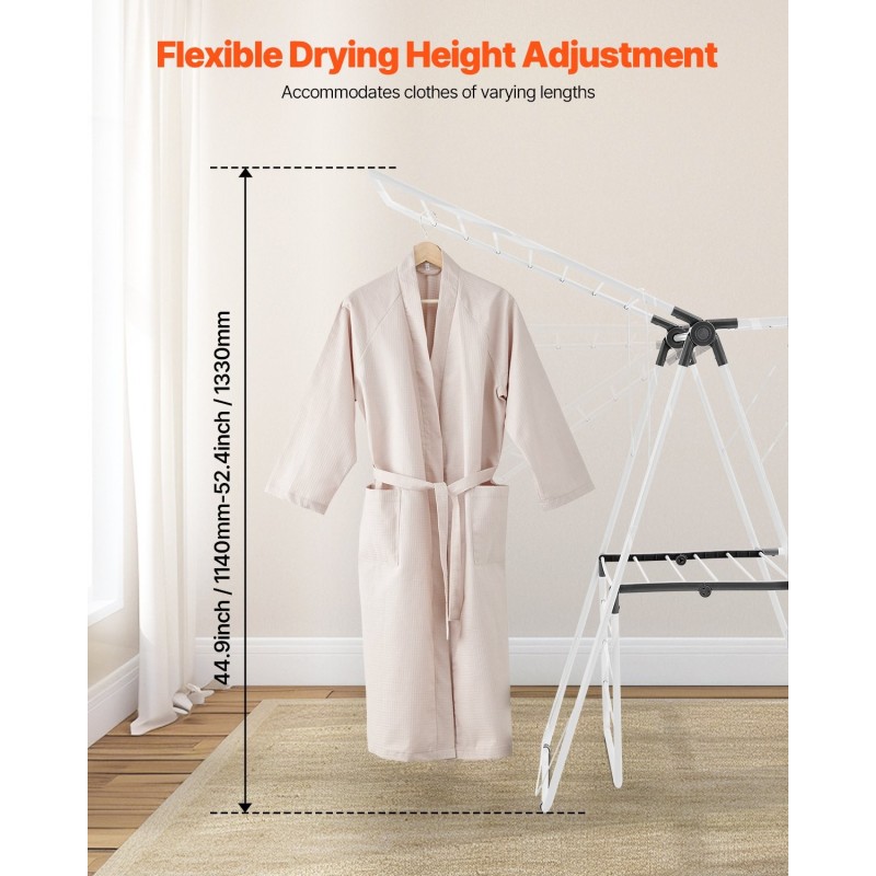 Taitettava 2-tasoinen pyykinkuivausteline rautaputkista ja PP-muovista 31 ripustustankoa 14 kg kantavuus