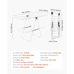 Taitettava 2-tasoinen pyykinkuivausteline rautaputkista ja PP-muovista 31 ripustustankoa 14 kg kantavuus