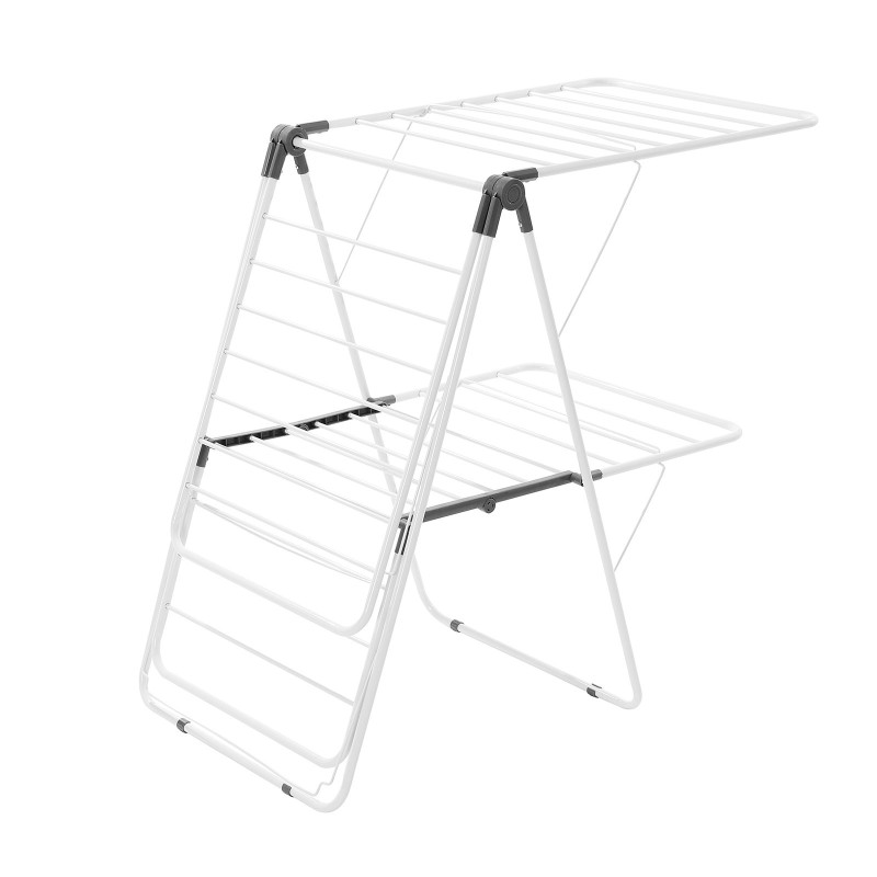 Taitettava 2-tasoinen pyykinkuivausteline rautaputkista ja PP-muovista 31 ripustustankoa 14 kg kantavuus