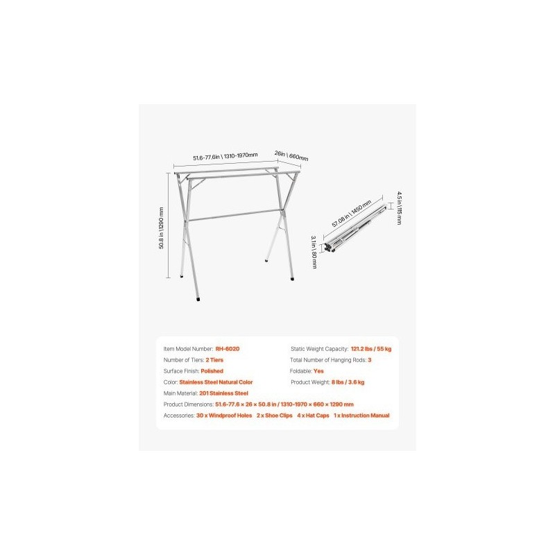 Pyykinkuivausteline 2-tasoinen teleskooppinen 201-ruostumaton teräs säädettävä 1,3–2 m kantavuus 55 kg