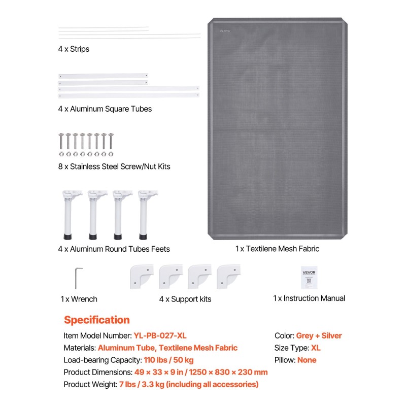 Koiran leposänky XL korkealle nostettu alumiinirunko verkkokangas harmaa